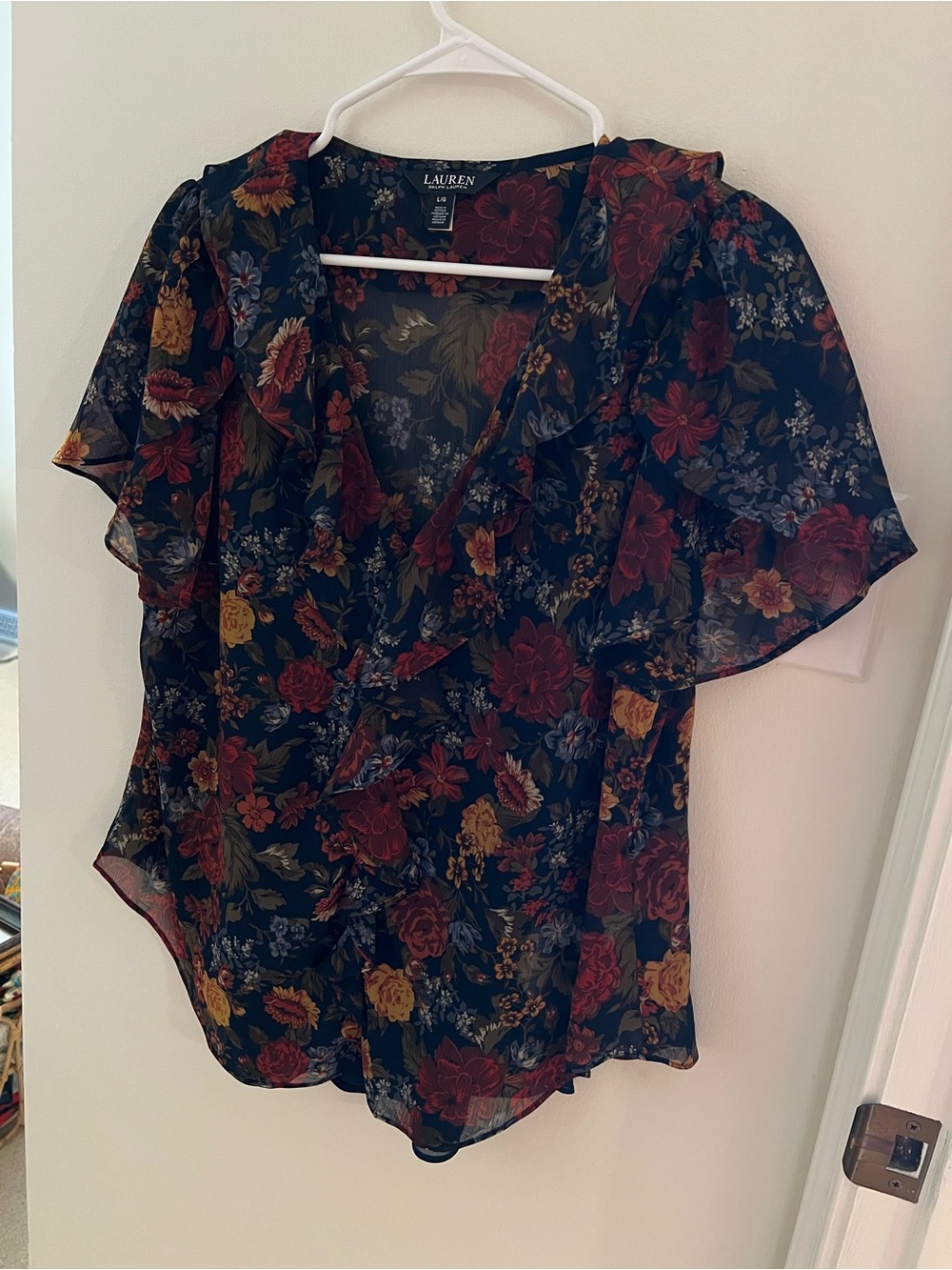 Lauren Ralph Lauren Navy Floral Ruffle Flutter Sleeve Blouse
